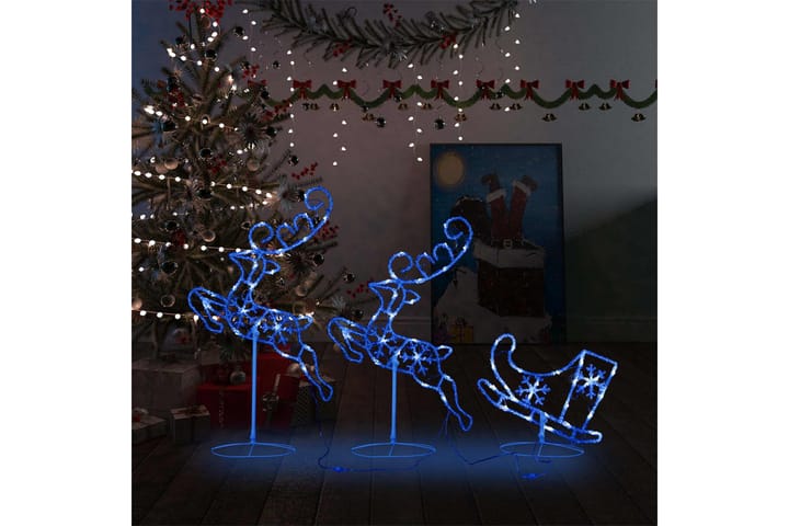 Julereinsdyr og slede i akryl 260x21x87 cm blå - Hvit - Belysning - Julebelysning - Julebelysning utendørs