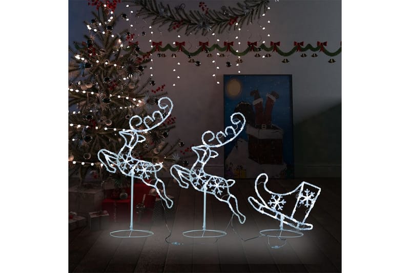 Julereinsdyr og slede i akryl 260x21x87cm kald hvit - Hvit - Belysning - Julebelysning - Julebelysning utendørs