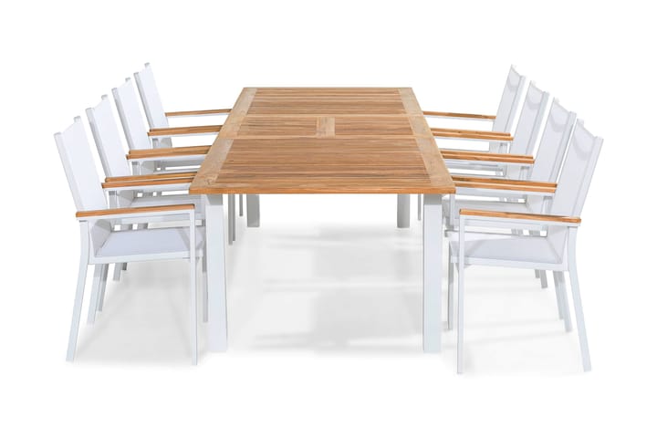 Spisegruppe Las Vegas 220-280x100 + 8 Stablestoler - Hvit|Teak - Hagemøbler & utemiljø - Hagegruppe - Spisegrupper hage