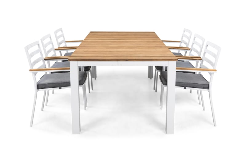 Spisegruppe Olive 210x100 + 6 Stoler m Pute - Teak|Hvit|Grå - Hagemøbler & utemiljø - Hagebord - Spisebord ute