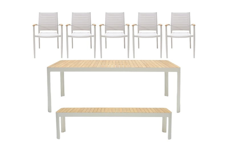 Spisegruppe Portals 209 cm + 5 Karmstoler + Benk - Hvit / Tre - Hagemøbler & utemiljø - Hagegruppe - Spisegrupper hage