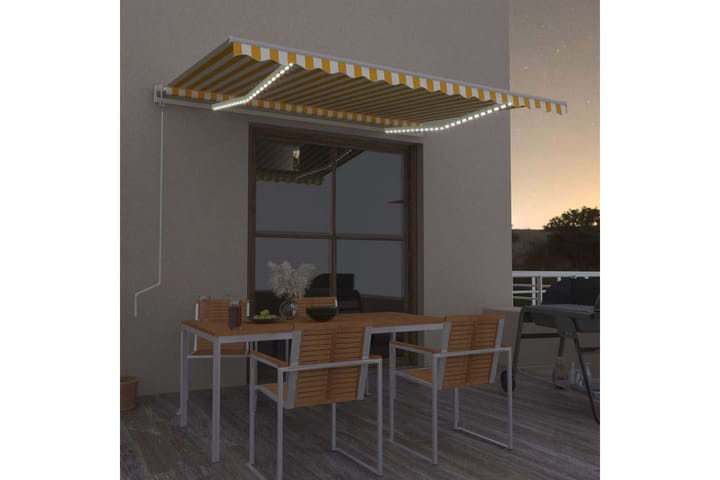 Automatisk markise med vindsensor og LED 450x300 cm gul/hvit - Gul - Hagemøbler & utemiljø - Solbeskyttelse - Markiser