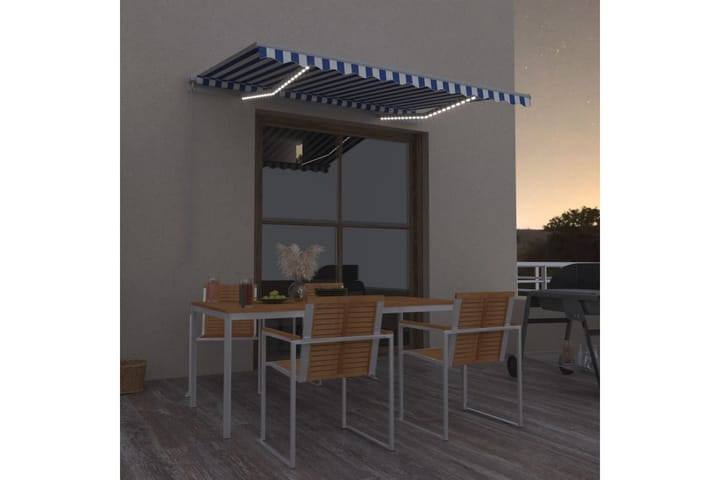 Manuell uttrekkbar markise med LED 300x250 cm blå og hvit - Blå - Hagemøbler & utemiljø - Solbeskyttelse - Markiser