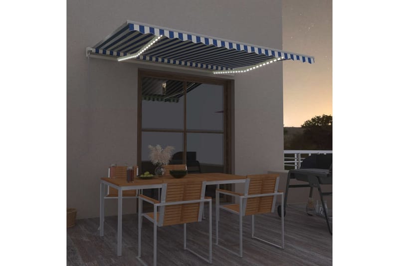 Manuell uttrekkbar markise med LED 400x350 cm blå og hvit - Blå - Hagemøbler & utemiljø - Solbeskyttelse - Markiser