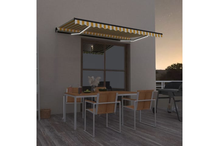 Manuell uttrekkbar markise med LED 400x350 cm gul og hvit - Gul - Hagemøbler & utemiljø - Solbeskyttelse - Markiser