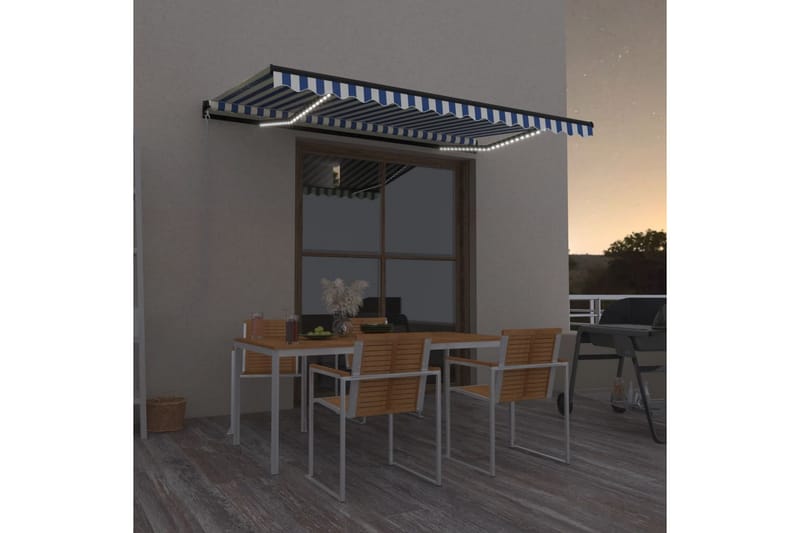 Manuell uttrekkbar markise med LED 450x350 cm blå og hvit - Blå - Hagemøbler & utemiljø - Solbeskyttelse - Markiser