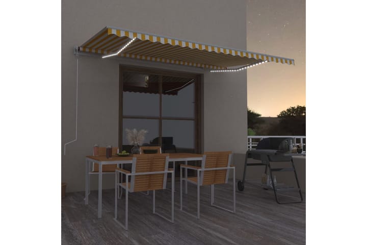Manuell uttrekkbar markise med LED 500x350 cm gul og hvit - Gul - Hagemøbler & utemiljø - Solbeskyttelse - Markiser