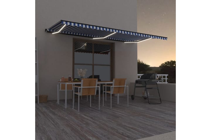 Manuell uttrekkbar markise med LED 600x350 cm blå og hvit - Blå - Hagemøbler & utemiljø - Solbeskyttelse - Markiser