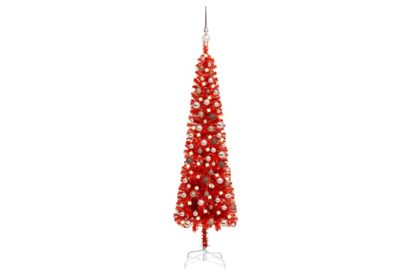 Slankt juletre med LED og kulesett rød 150 cm - Interiør - Dekorasjon & innredningsdetaljer - Julepynt & juledekorasjon - Plastjuletre