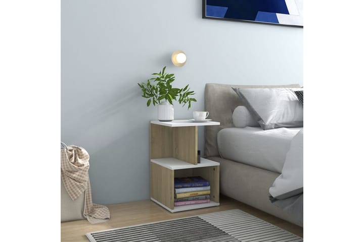 Nattbord hvit og sonoma eik 35x35x55 cm sponplate - Beige - Møbler - Bord - Avlastningsbord & sidobord - Sengebord & nattbord