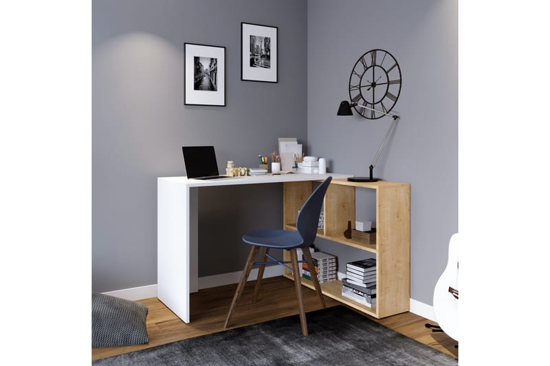 Hjørneskrivebord Canstein 120 cm med Oppbevaringshyller - Natur/Hvit - Møbler - Bord - Kontorbord - Skrivebord - Hjørneskrivebord