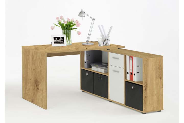 Hjørneskrivebord Hitzman 136 cm Buet med Oppbevaring - Brun/Hvit - Møbler - Bord - Kontorbord - Skrivebord - Hjørneskrivebord