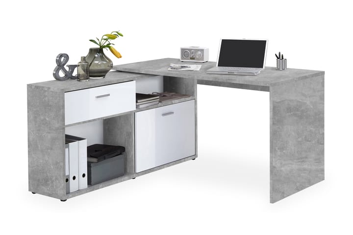 Hjørneskrivebord Imani 138 cm med Justerbar Hylla - HHvit|Betong - Møbler - Bord - Kontorbord - Skrivebord - Hjørneskrivebord