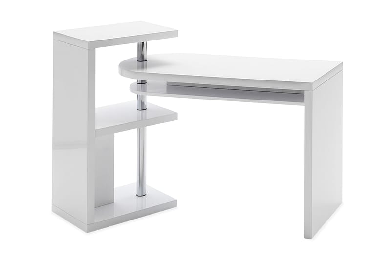Hjørneskrivebord Nellestad 145 cm med Oppbevaringshyller - Hvit Høyglans/Metall - Møbler - Bord - Kontorbord - Skrivebord - Hjørneskrivebord