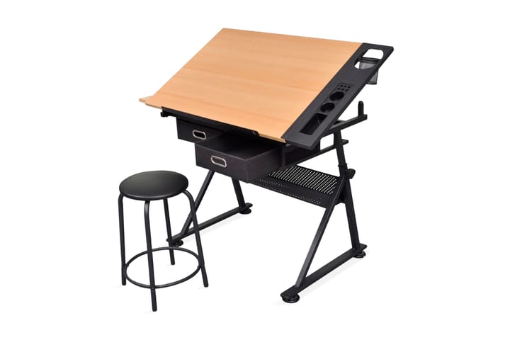 Justerbart tegnebord med 2 skuffer og stol - Brun - Møbler - Bord - Kontorbord - Skrivebord