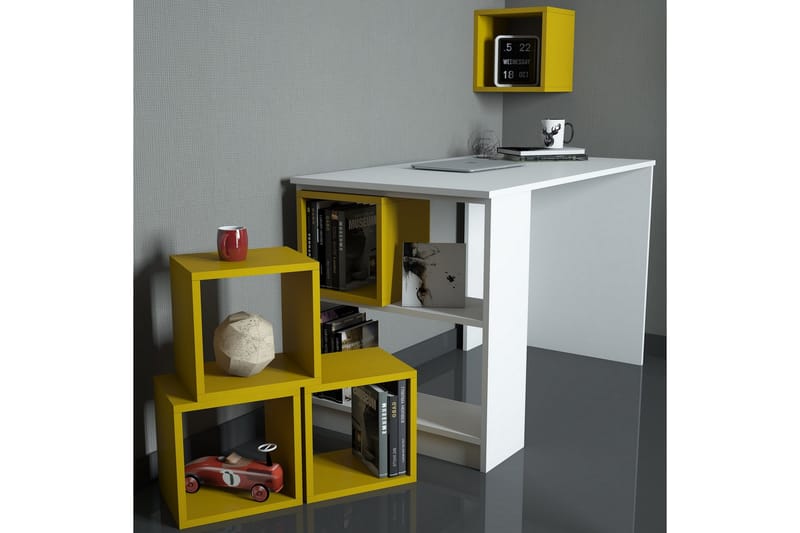 Skrivebord Amtorp 120 cm med Oppbevaring + Vegghylle + - Hvit/Gul - Møbler - Bord - Kontorbord - Skrivebord