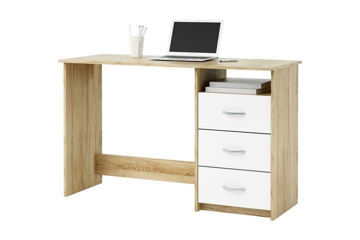 Skrivebord Arnea 123 cm med Oppbevaringshylle + 3 Skuffer - Hvit/Eik - Møbler - Bord - Kontorbord - Skrivebord