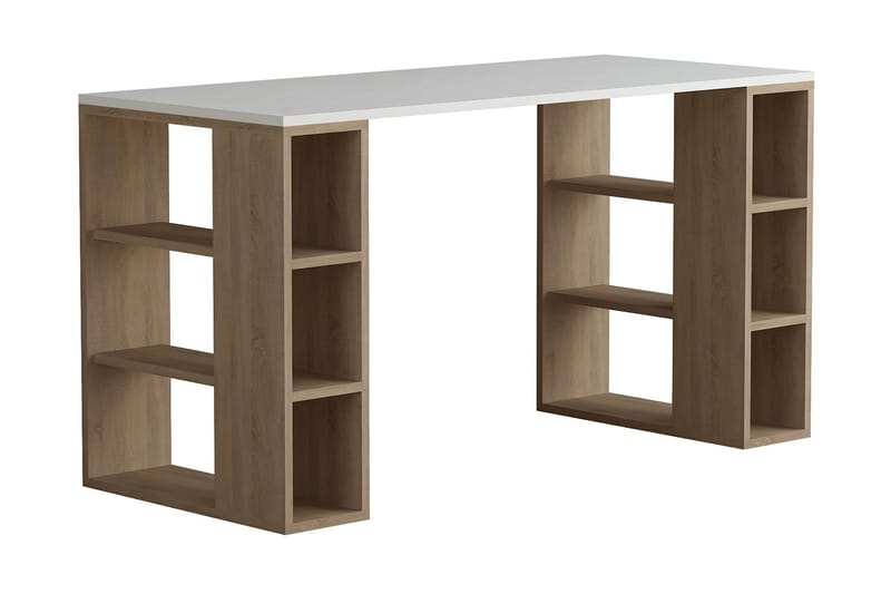 Skrivebord Brillcon 140 cm med Oppbevaringshyller - Hvit/Eikfarge - Møbler - Bord - Kontorbord - Skrivebord