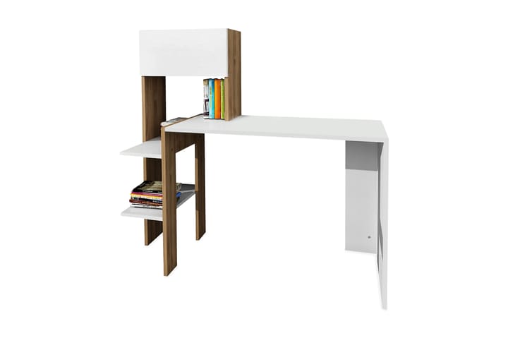 Skrivebord Margerill 114 cm med Oppbevaring Hyller+Luker - Hvit/Valnøttsbrun - Møbler - Bord - Kontorbord - Skrivebord