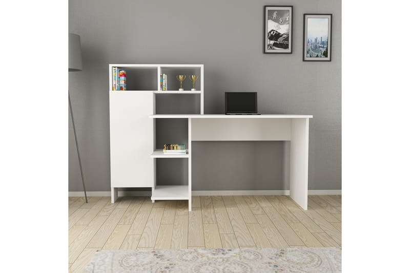 Skrivebord Mazirbe 135 cm med Oppbevaring Hyller + Skap - Hvit - Møbler - Bord - Kontorbord - Skrivebord