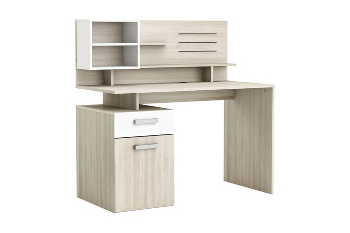 Skrivebord Miura 123 cm med Oppbevaringshyller+Skuffer+ Skap - Borstad Eik/Hvit - Møbler - Bord - Kontorbord - Skrivebord
