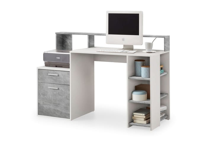Skrivebord Nataniela 139 cm med Oppbevaring - Betonggrå/Hvit - Møbler - Bord - Kontorbord - Skrivebord