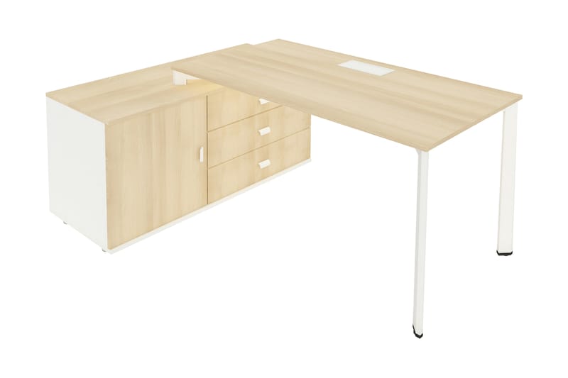Skrivebord Puzol 196 cm med Oppbevaring Skap + 3 Skuffer - Akasiefarge/Hvit/Grå - Møbler - Bord - Kontorbord - Skrivebord