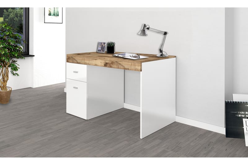 Skrivebord Slindera 100 cm med Oppbevaring Skuff + Dør - Natur/Hvit Høyglans - Møbler - Bord - Kontorbord - Skrivebord