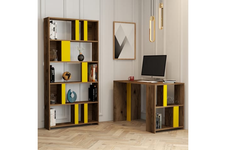 Skrivebord Tibani 120 cm med Oppbevaringshylle + Bokhylle - Valnøttsbrun/Gul - Møbler - Stoler - Spisestuestoler & kjøkkenstoler