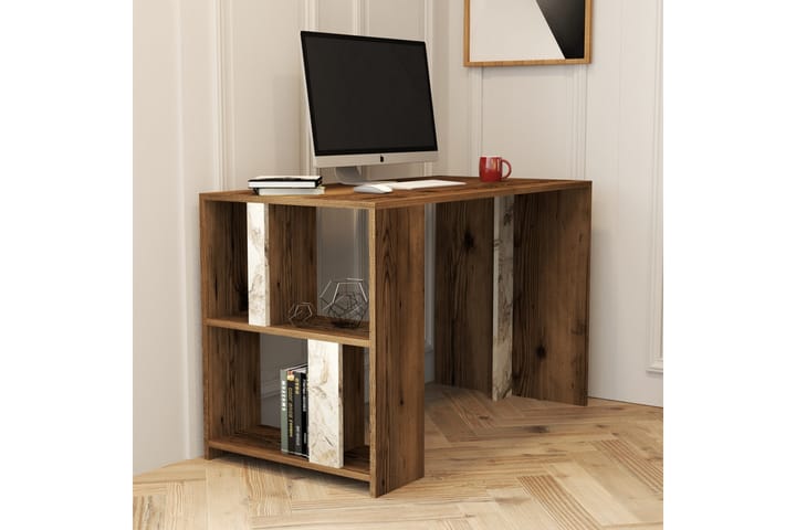 Skrivebord Tibani 120 cm med Oppbevaringshylle Marmormønster - Valnøttsbrun/Hvit - Møbler - Bord - Kontorbord - Skrivebord