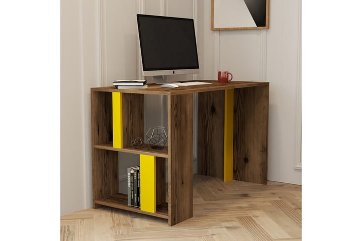 Skrivebord Tibani 120 cm med Oppbevaringshylle - Valnøttsbrun/Gul - Møbler - Stoler - Spisestuestoler & kjøkkenstoler