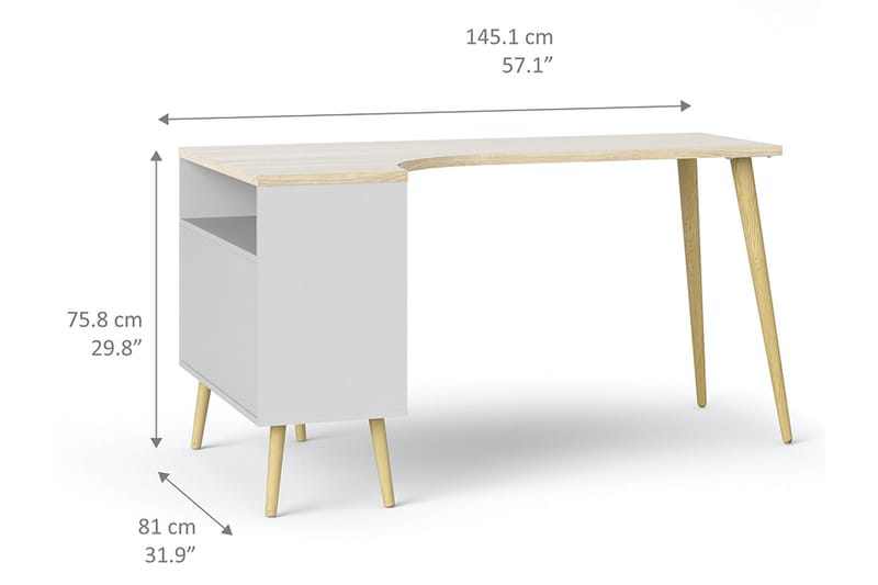 Skrivebord Vasiliki 145 cm med Oppbevaring Skuffer + Hyller - Hvit/Natur - Møbler - Bord - Kontorbord - Skrivebord
