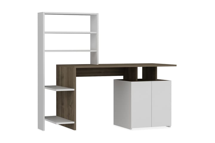 Skrivebord Waligora 146 cm med Oppbevaring Hyller + Skap - Valnøttsbrun/Hvit - Møbler - Bord - Kontorbord - Skrivebord