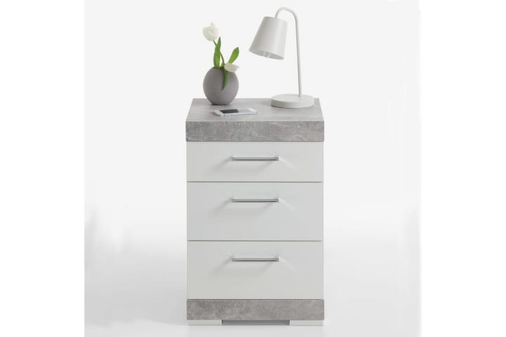 FMD Nattbord med 3 skuffer betonggrå og blank hvit - Møbler - Bord - Sengebord & nattbord