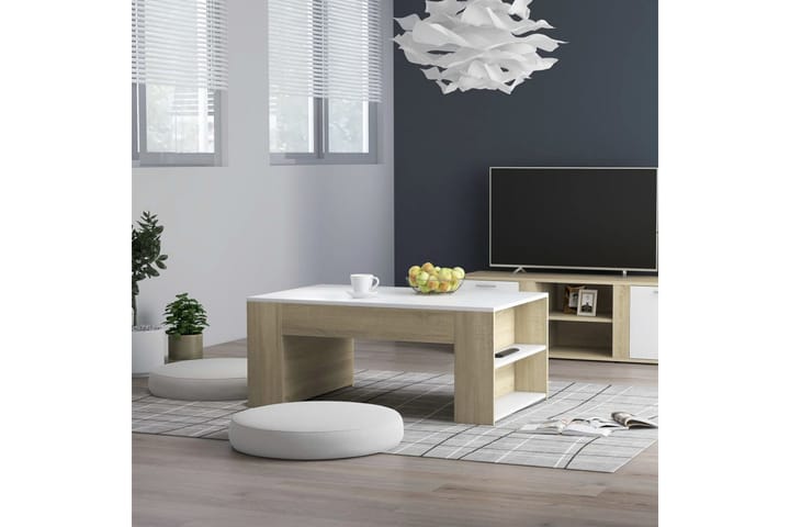 Salongbord hvit og sonoma eik 100x60x42 cm sponplate - Beige - Møbler - Bord - Sofabord