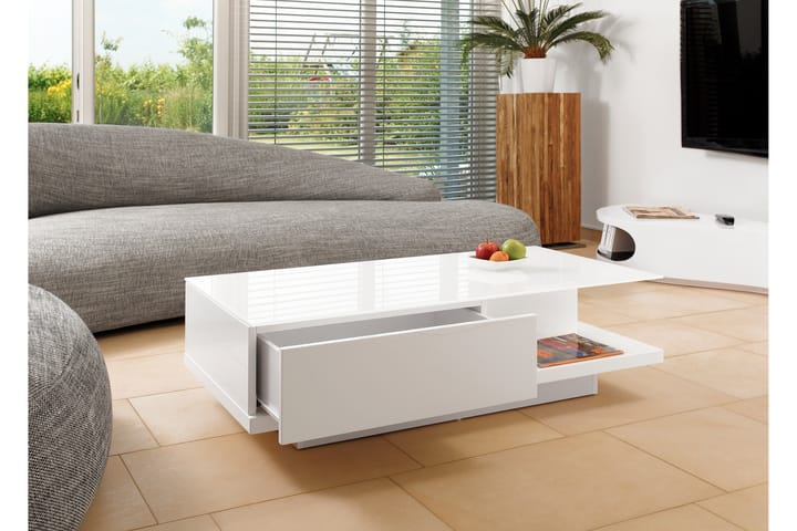 Sofabord Anuziai 120 cm med Oppbevaring Hylle + Skuff - Glass/Hvit - Møbler - Bord - Sofabord