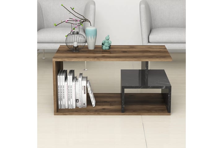 Sofabord Arteide 90 cm med Oppbevaringshyller Marmormønster - Mørkebrun/Natur/Svart - Møbler - Bord - Sofabord