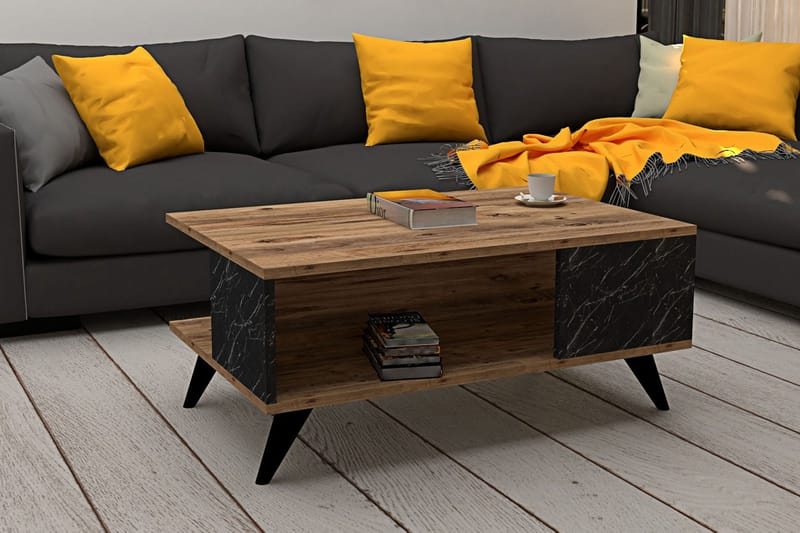 Sofabord Dzelda 90 cm med Oppbevaring Hylle Marmormønster - Valnøttbrun/Svart - Møbler - Bord - Sofabord