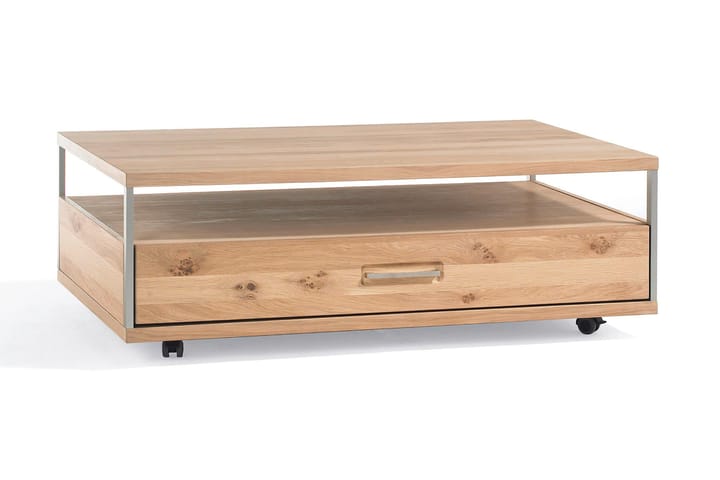 Sofabord Espero 115 cm med Oppbevaring Hylle + Skuff på Hjul - Eik/Brun - Møbler - Bord - Sofabord - Sofabord med hjul