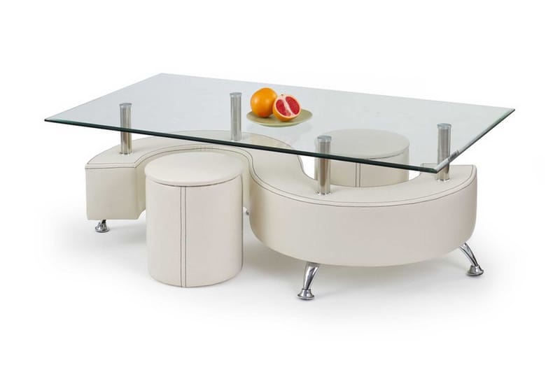 Sofabord Giardina med Puffer 130 cm med Oppbevaring Hylle - Glass/Hvit - Møbler - Bord - Sofabord & salongbord