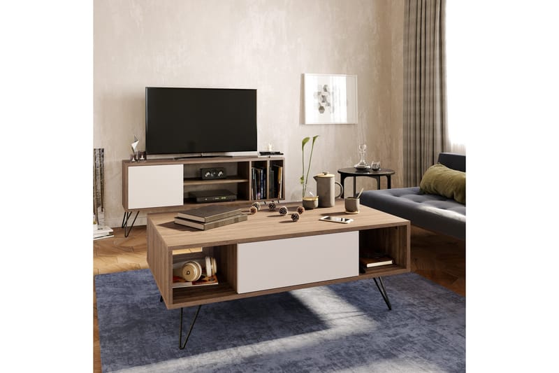 Sofabord Misticon 120 cm med Oppbevairngshylle + Lucka - Valnøttsbrun/Hvit/Svart - Møbler - Bord - Sofabord