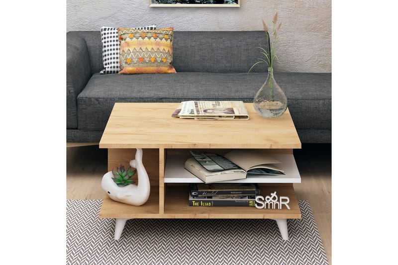 Sofabord Naidaj 80 cm med Oppbevaringshyller - Tre/Hvit - Møbler - Bord - Sofabord