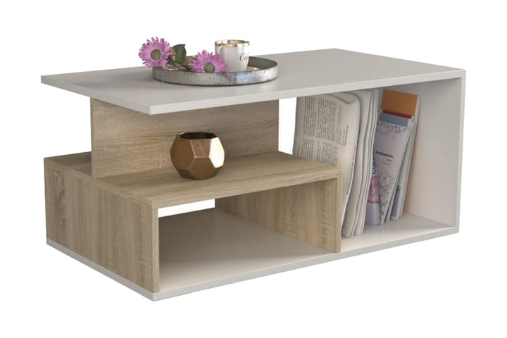 Sofabord Pirwala 90 cm med Oppbevaring Hyller - Sonomaeik/Hvit - Møbler - Bord - Sofabord