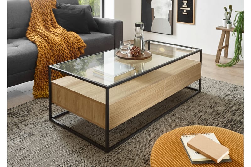 Sofabord Pitlik 120 cm med Oppbevaring 2 Skuffer + Hylle - Glass/EikdEikor/Svart - Møbler - Bord - Sofabord