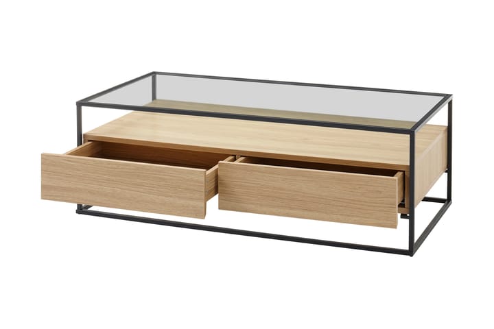 Sofabord Pitlik 120 cm med Oppbevaring 2 Skuffer + Hylle - Glass/EikdEikor/Svart - Møbler - Bord - Sofabord