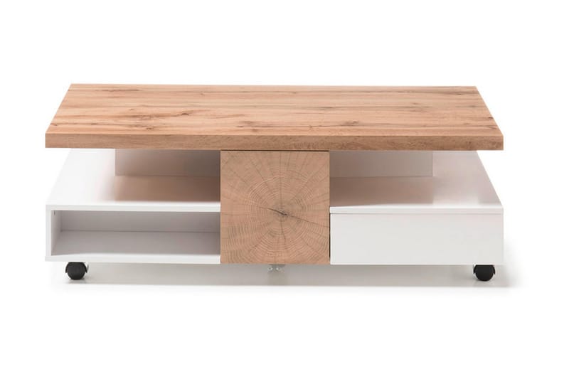 Sofabord Trimer 120 cm med Oppbevaringshyller på Hjul - Hvit/Natur - Møbler - Bord - Sofabord