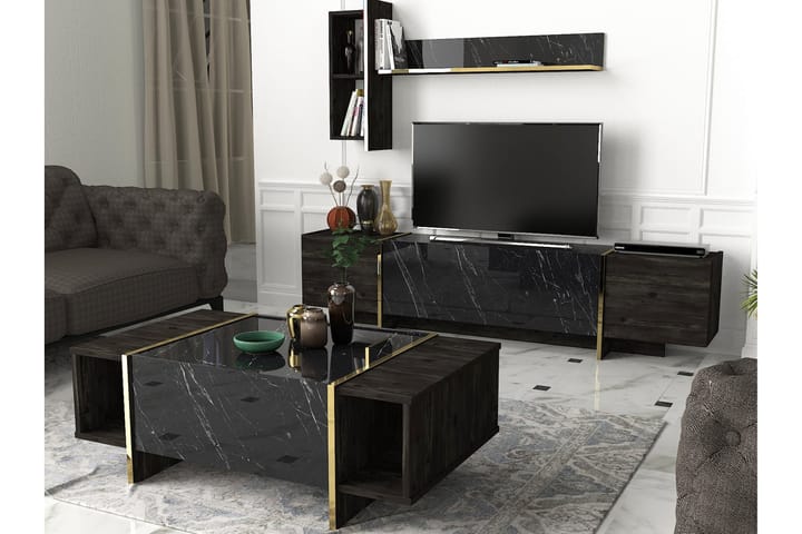 Sofabord Widegates 104 cm med Oppbevaringshyller + Lucka - Svart/Gull - Møbler - Bord - Sofabord & salongbord