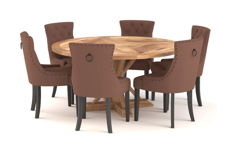 Spisebord Yorkshire 150 cm Rundt med 6 Kjøkkenstoler Ophelia - Brun - Møbler - Bord - Spisegruppe