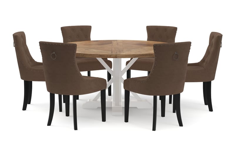 Spisebord Yorkshire 150 cm Rundt med 6 Kjøkkenstoler Ophelia - Natur/Hvit - Møbler - Bord - Spisegruppe