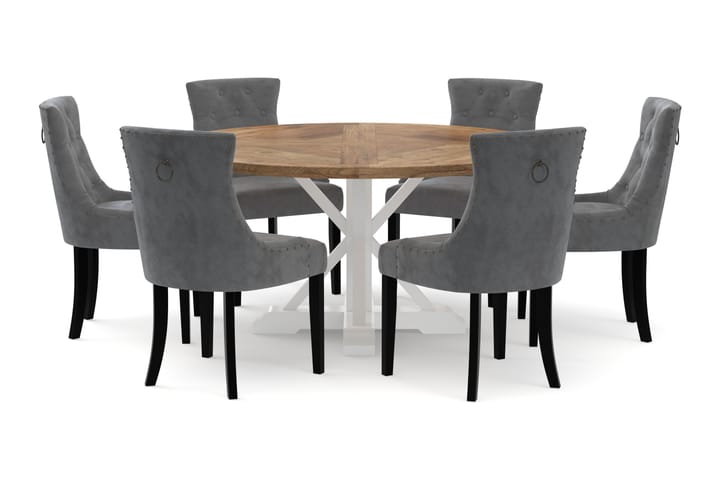 Spisebord Yorkshire 150 cm Rundt med 6 Kjøkkenstoler Ophelia - Natur/Hvit - Møbler - Bord - Spisegruppe